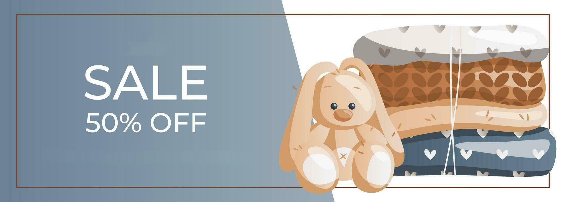 promo-sale-banner-with-knitted-clothes-toy-rabbit-